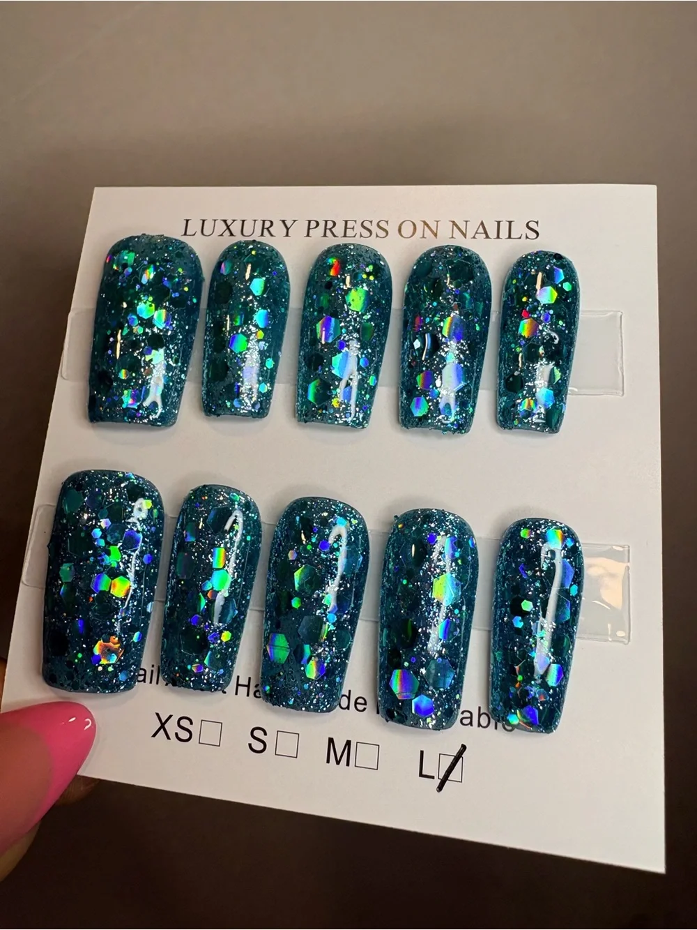 Teal Holographic Glitter Press-On Nails